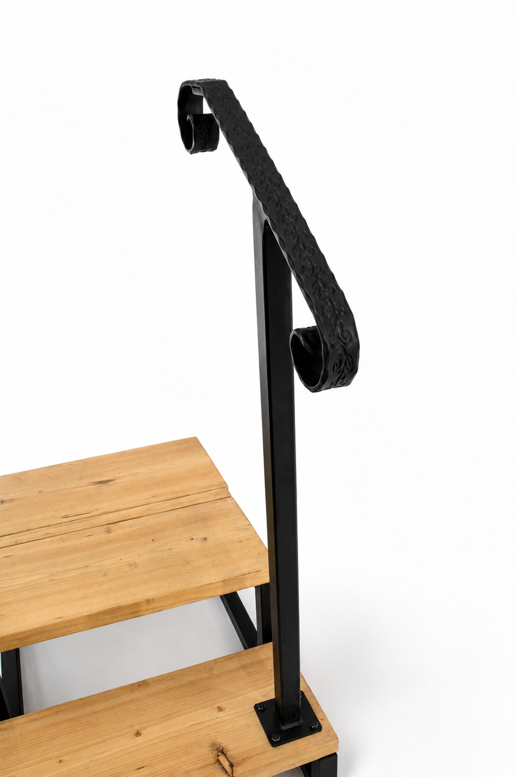 Metal Handrail Hammered/Engraved Volute Single Post Flat Black 1 or 2 Step