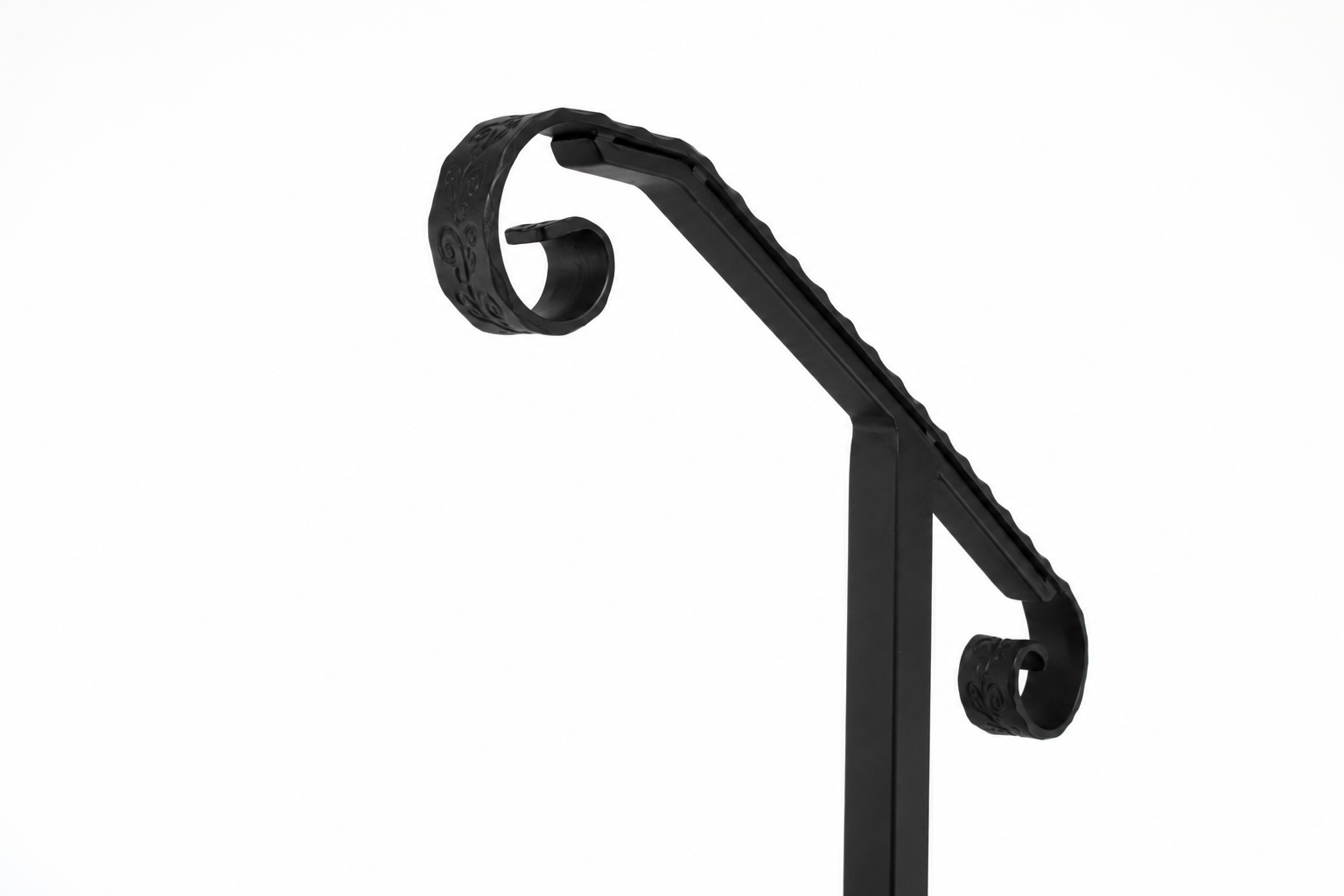 Metal Handrail Hammered/Engraved Volute Single Post Flat Black 1 or 2 Step