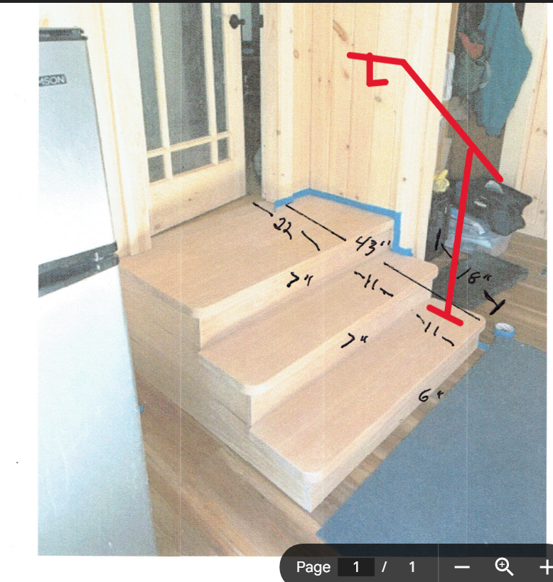 Staircase design with measurements, showcasing wooden steps and handrail layout.