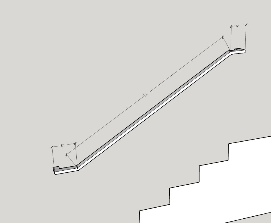 Metal Handrail 1.75 Inch cap rail with wall return, showing dimensions for staircase installation.