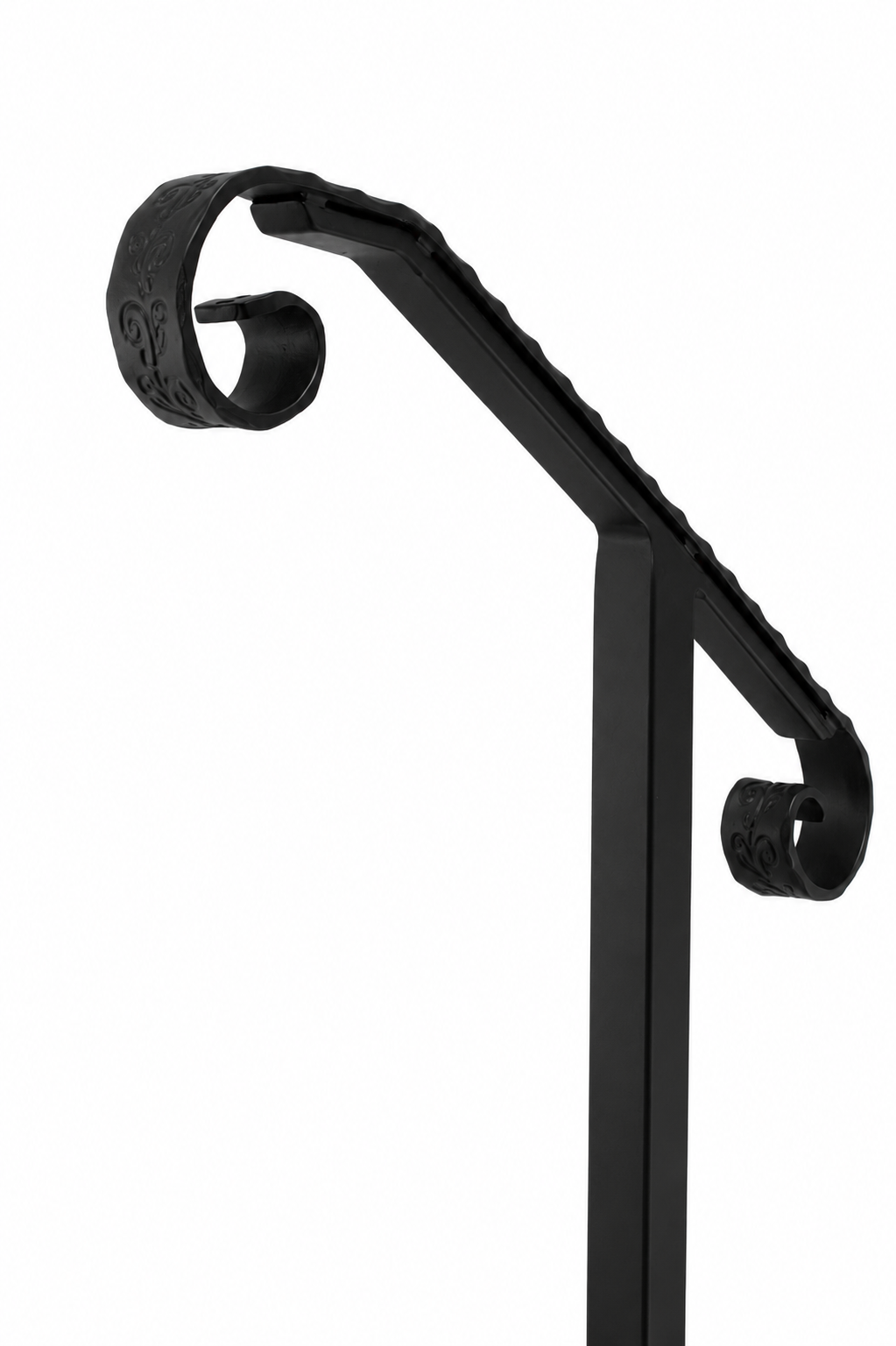 Metal Handrail Hammered/Engraved Volute Single Post Flat Black 1 or 2 Step