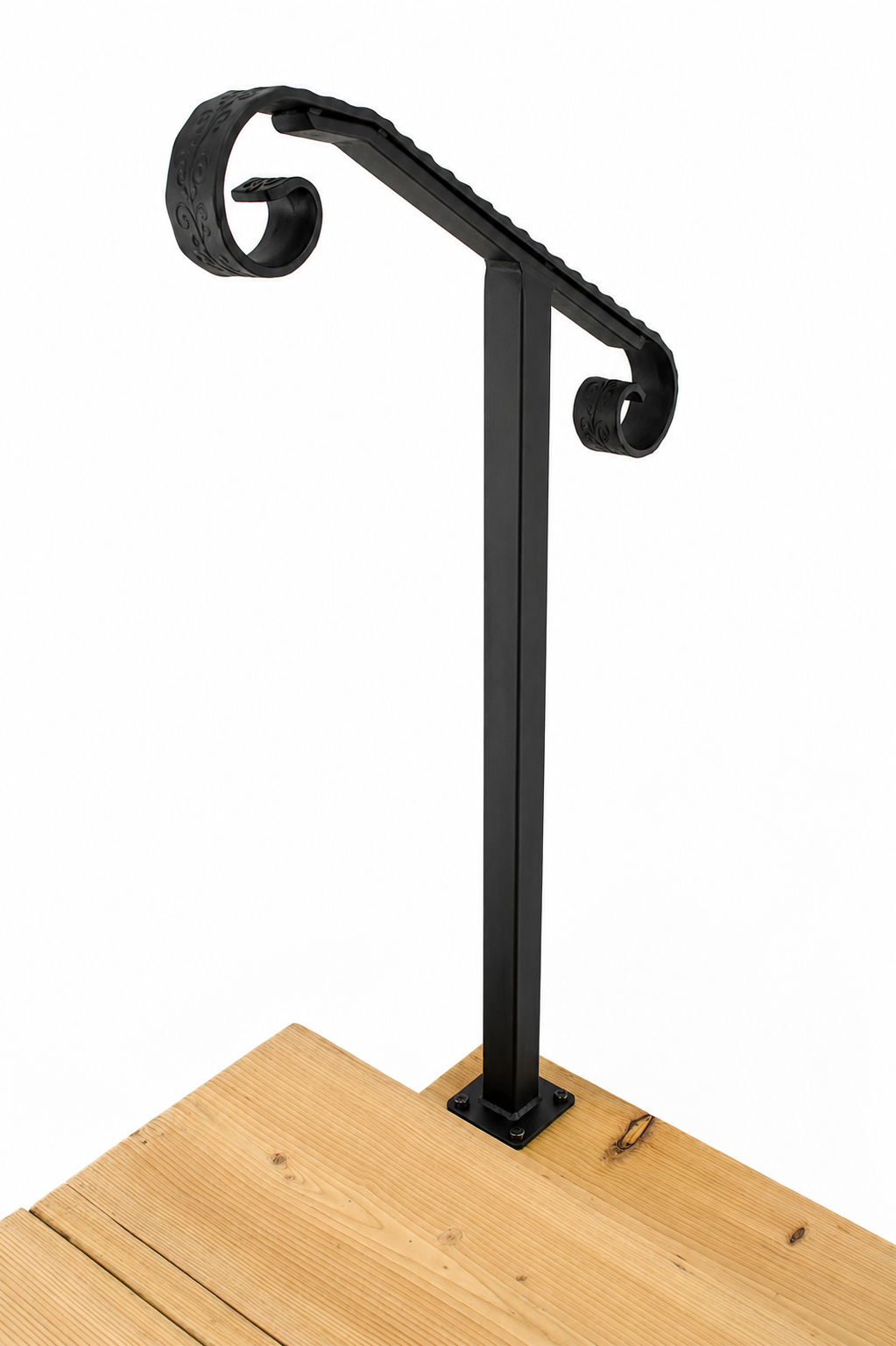 Metal Handrail Hammered/Engraved Volute Single Post Flat Black 1 or 2 Step